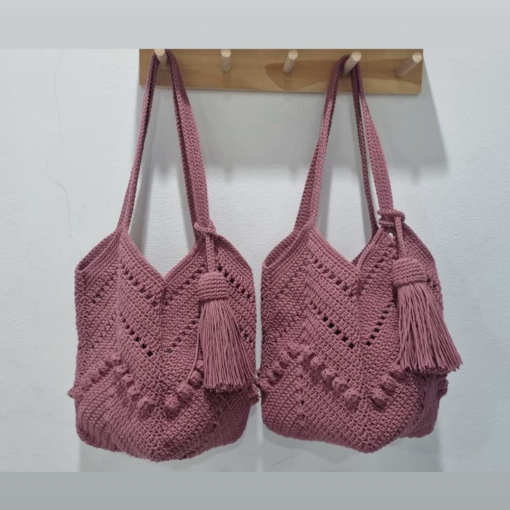 Pink Woven Tote Bags with Slouchy Shape and Long Straps